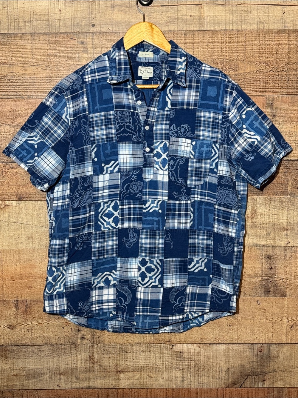 J. Crew Indian Madras Woven Men’s Short Sleeve Patchwork Plaid Shirt size M